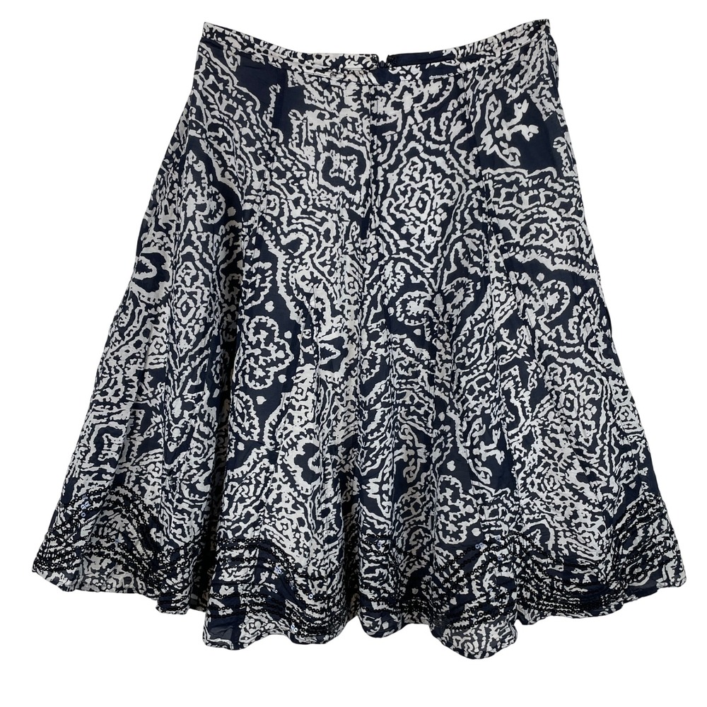 Chicos Navy Blue White Paisley Silk Blend Sequin Hem Midi Skirt Size 1 M